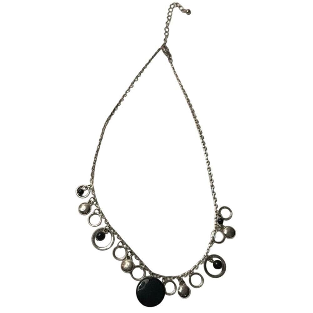Silver Tone Circle Dangle Necklace Black Beads Modern 16”
